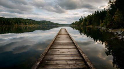 Scenic Lakeside View From Wooden Pier Serene Water Reflection and Forest Landscape Capturing Nature's Beauty Calm Lake Under Cloudy Sky Perspective into the Distance
