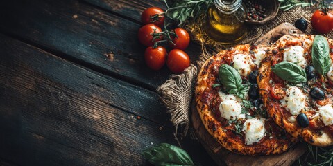 Gourmet flat lay featu assorted pizzas with fresh tomatoes, basil, and mozzarella on a rustic wooden surface, a culinary delight and gastronomic adventure.