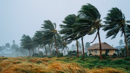 Severe tropical storm with palm trees swaying near village houses in heavy wind and rain