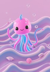 Obraz premium A cheerful, pink jellyfish-like creature floats in a playful sea of pastel waves, adorned with shells and bubbles.