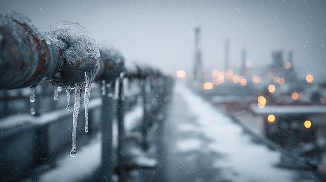Frozen industrial pipes with icicles during snowstorm in winter cityscape - Powered by Adobe