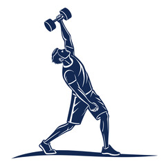 Dynamic illustration of a fit man performing an overhead dumbbell press exercise showcasing strength determination and a healthy active lifestyle in a stylized graphic art style