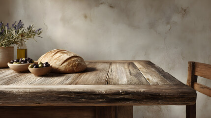 Rustic still life featuring a loaf of bread olives and lavender on a weathered wooden table showcasing the simple elegance of wholesome ingredients and countryside charm