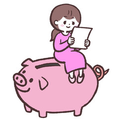 ブタの貯金箱に座って紙を確認する女性のイラスト