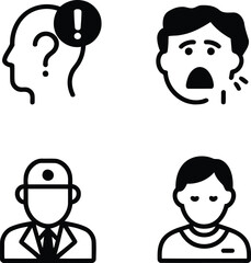 Collection of Black and White Medical Icons Featuring Mental Alertness, Sore Throat, Doctor, and Medical Professional for Healthcare Design