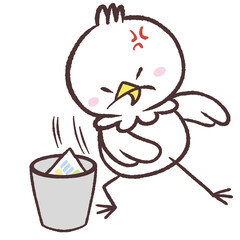 ゴミ箱に投げ捨てる白い鳥のイラスト