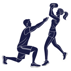 Athletic man and woman engaged in a dynamic fitness activity one performing a lunge while the other prepares to throw or catch a ball symbolizing teamwork and exercise