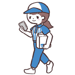 スマホを見ながら配達する女性スタッフのイラスト