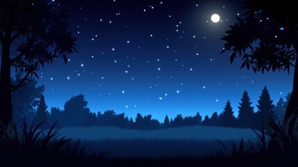 Fototapeta premium Night forest scene with full moon and starry sky.