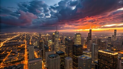 Dramatic sunset over a bustling city skyline with illuminated skyscrapers