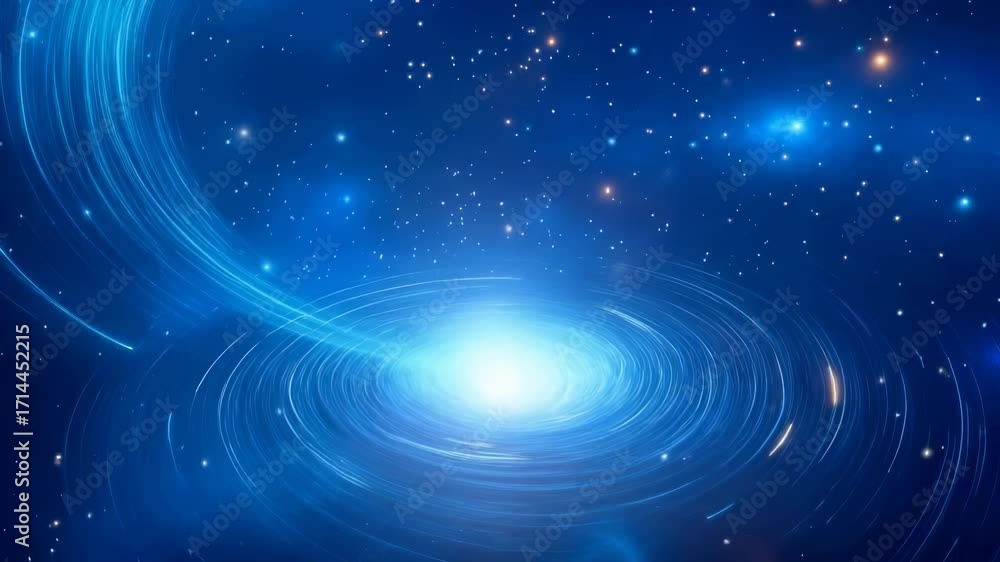 Poster luminous blue spiral galaxy with swirling energy center surrounded by starry cosmic background. radi