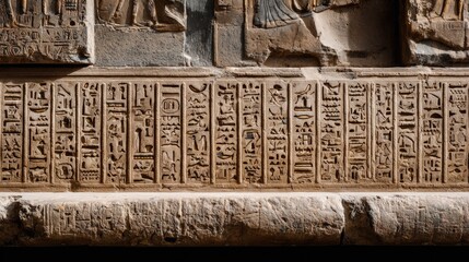Egyptian hieroglyphs and ancient artefacts close up 
