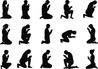 Diverse Silhouettes of People Praying in Various Poses on White Background prayer praying person