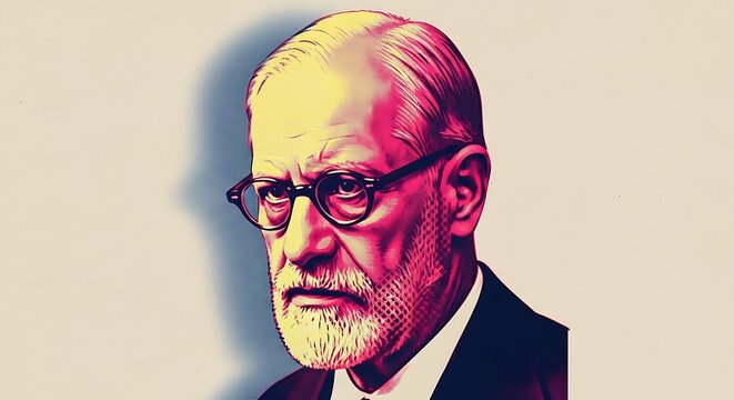 Portrait of Sigmund Freud, the father of psychoanalysis, in a stylized, colorful illustration.