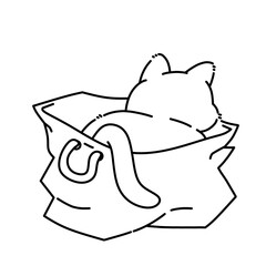 Cute cartoon kitten hiding inside a paper bag in kawaii style illustration isolated on white background. Minimalist cartoon cat line art outline illustration.