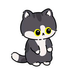Cute cartoon black and white kitten with big yellow eyes standing upright in kawaii style isolated on white background.