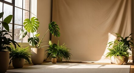 Sunlit photography studio with draped neutral fabric, various potted plants, and a light-colored rug