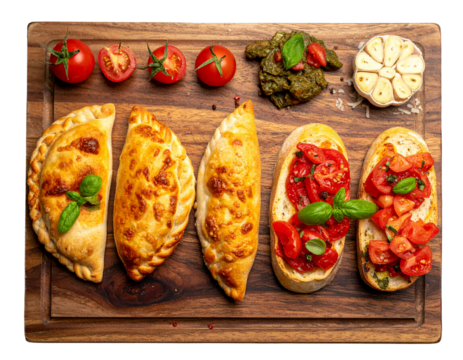  Calzone with Classic Italian Sides, Top-Down View, isolated on transparent background