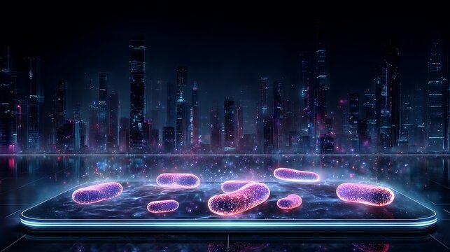 Bacteria virus cell microbiology futuristic city background health science technology research concept - Powered by Adobe