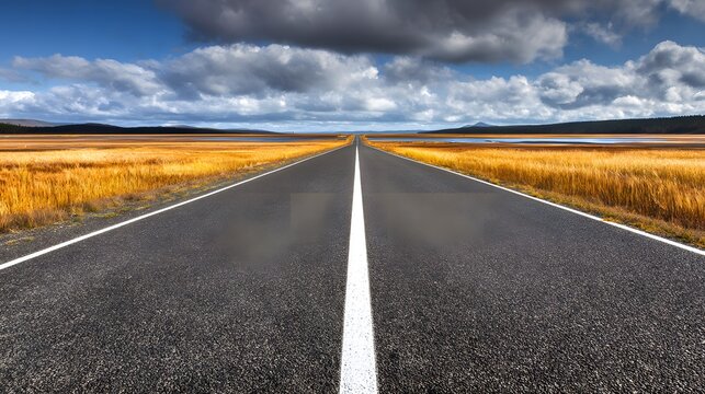 asphalt. Panoramic view of an empty road under cloudy skies, capturing a serene and open landscape. travel magazines, destination branding, designed for outdoor magazines and nature guides.