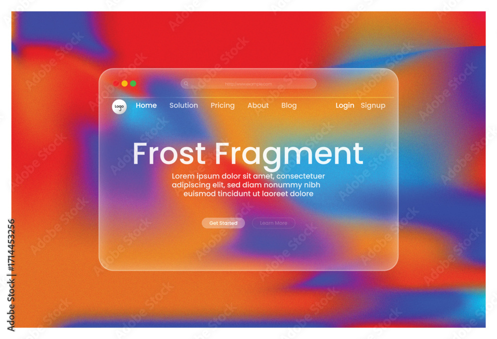 Poster frost fragment website display with search bar login and signup homepage solutions business blog pri
