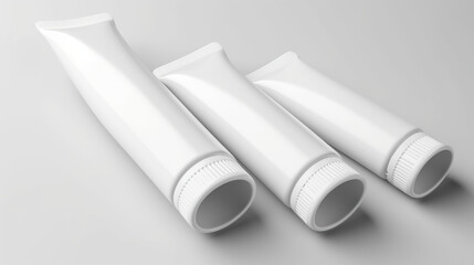 Three white tubes lying on a white surface, arranged from largest to smallest, in a studio shot on a white background.