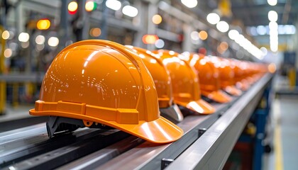 Orange hard hats on a factory conveyor belt