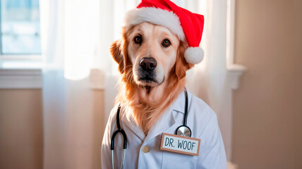A golden retriever dog dressed as doctor with a santa hat and a "Dr. Woof" name tag