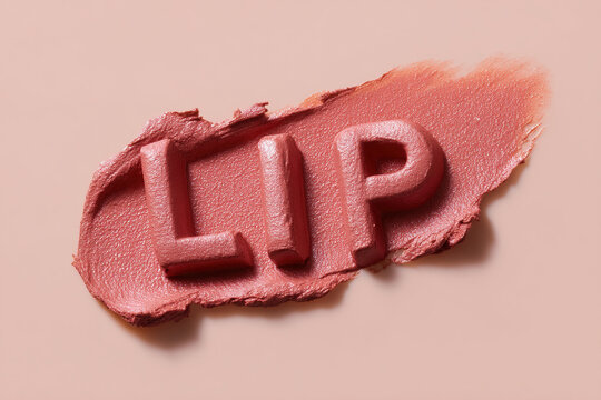 Cosmetic texture with embossed word "LIP" against a peach-toned backdrop, highlighting lip makeup and beauty concept.