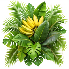 A vibrant arrangement of tropical leaves and bananas, featuring palm fronds, monstera leaves, and a bunch of ripe bananas isolated on transparent background © nida