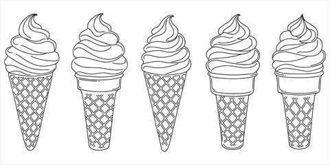 Five Hand Drawn Ice Cream Cones in a Row Outline Illustration waffle cone soft serve
