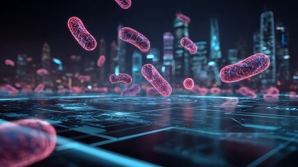 Bacteria cells microbiology science futuristic city background health medical research technology