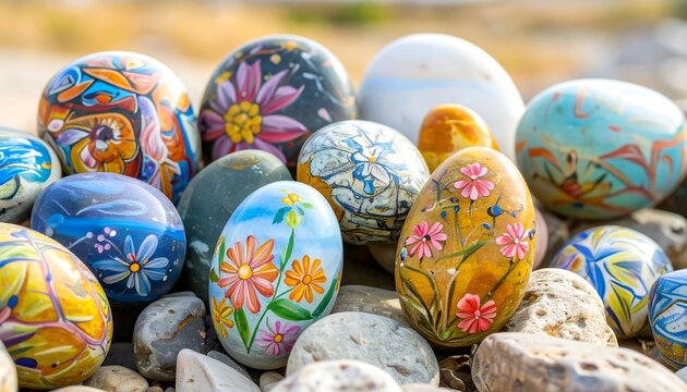 Painted stones resembling eggs, various colors and designs