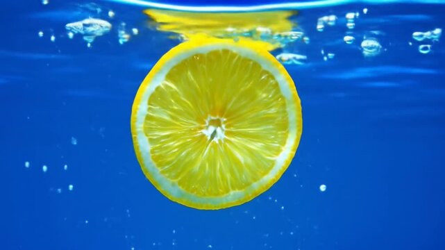 Fresh Lemon Slice Dropping into Water with Splash on Blue Background footage