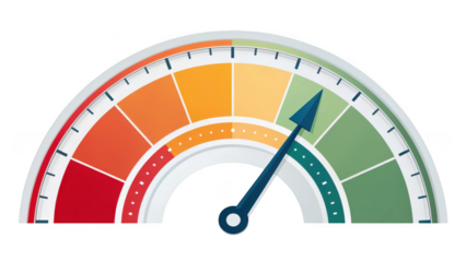 Colorful speedometer gauge with arrow isolated on transparent background