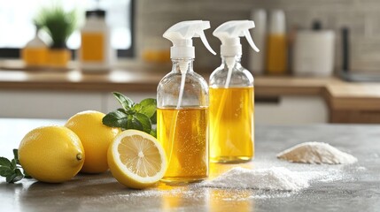 DIY Natural Cleaning Products in Glass Spray Bottles with Lemon and Baking Soda on Counter