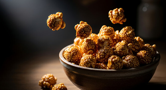 Golden sweet caramel popcorn kernels captured in mid-air as they fall into a rustic ceramic bowl on a dark wooden surface