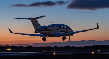 Private HondaJet business aircraft landing on an airport runway at dusk.