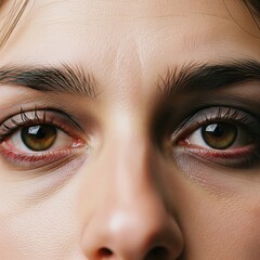 Naklejka premium Extreme close-up of a tired woman's red eyes with dark circles