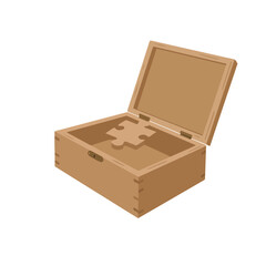 Open brown wooden box with a puzzle piece shape cut-out in the bottom on a white background