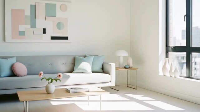 Modern living room with a sofa, artwork, and sunlight streaming through the window