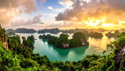 Fototapeta premium Panoramic sunset view of lush islands and turquoise water