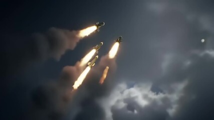 Air defense system in action, firing a volley of interceptor missiles against a dramatic cloudy backdrop