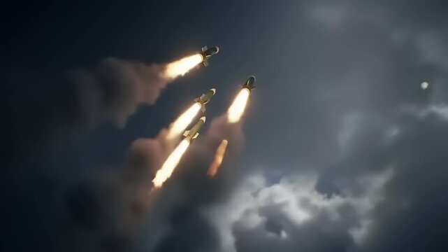 Air defense system in action, firing a volley of interceptor missiles against a dramatic cloudy backdrop
