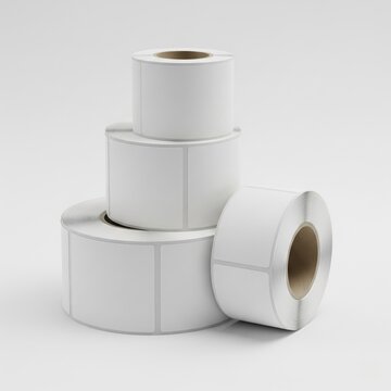 Stack of blank white adhesive label rolls for printing