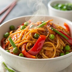 Delicious asian noodles with fresh vegetables in a white bowl