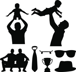 Silhouette father lifting child and other objects on white background Keywords: father, child, baby, son, daughter, lifting