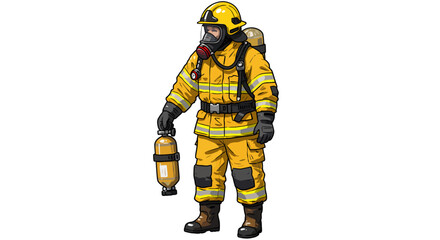Fototapeta premium Illustration of a firefighter in full gear holding an oxygen tank, against a white background, in a flat style with yellow and black tones conveying a serious mood.