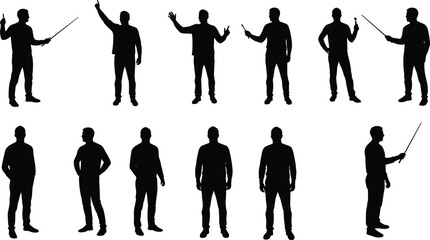 Silhouette Figures of Men in Various Poses with Pointer Sticks on White Background illustration