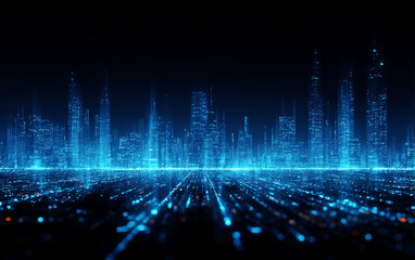 Digital Cityscape with Glowing Lines and Modern Skyscrapers